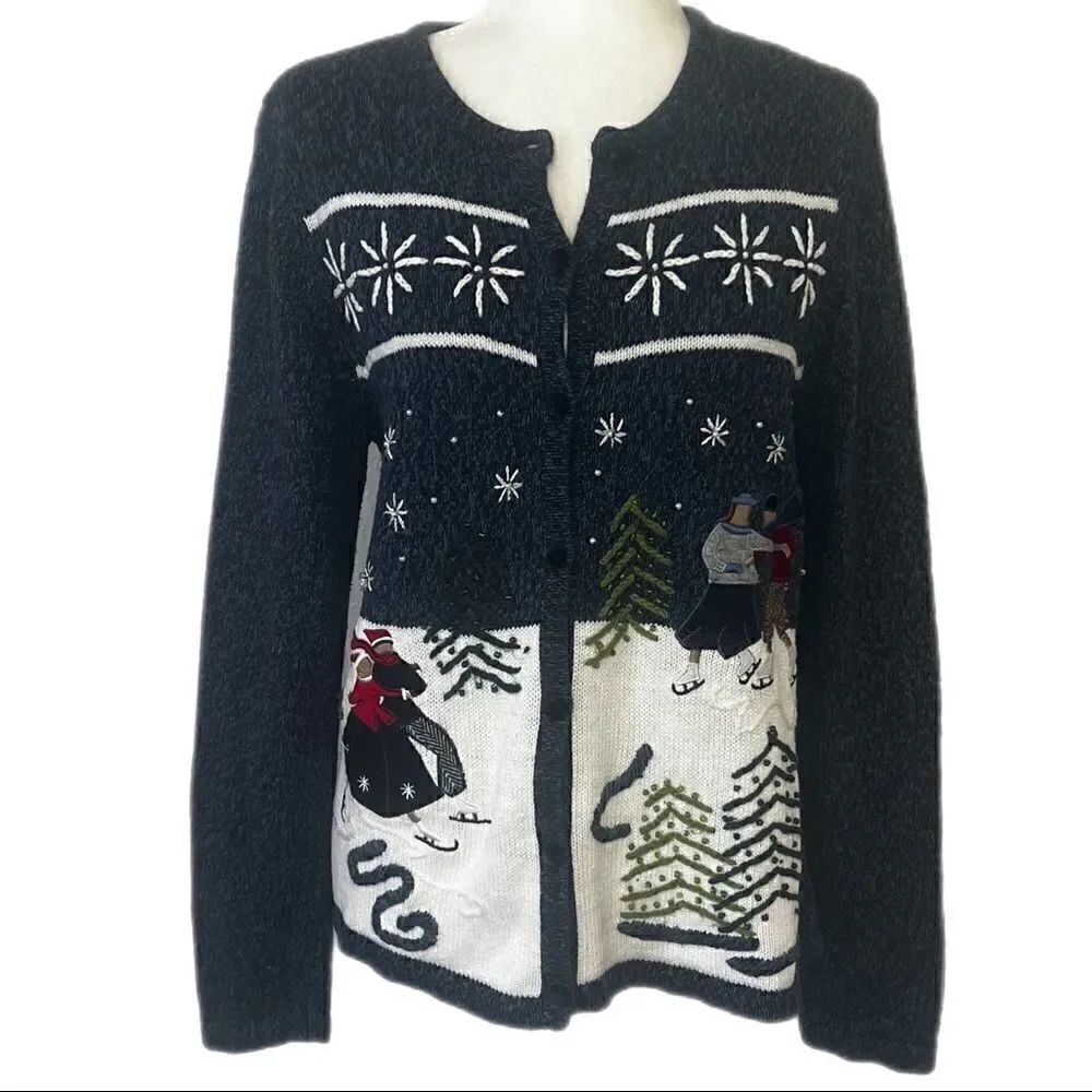 Vintage Christmas Cardigan with Ice Skaters. Has Beading and Velvet Appliqués.